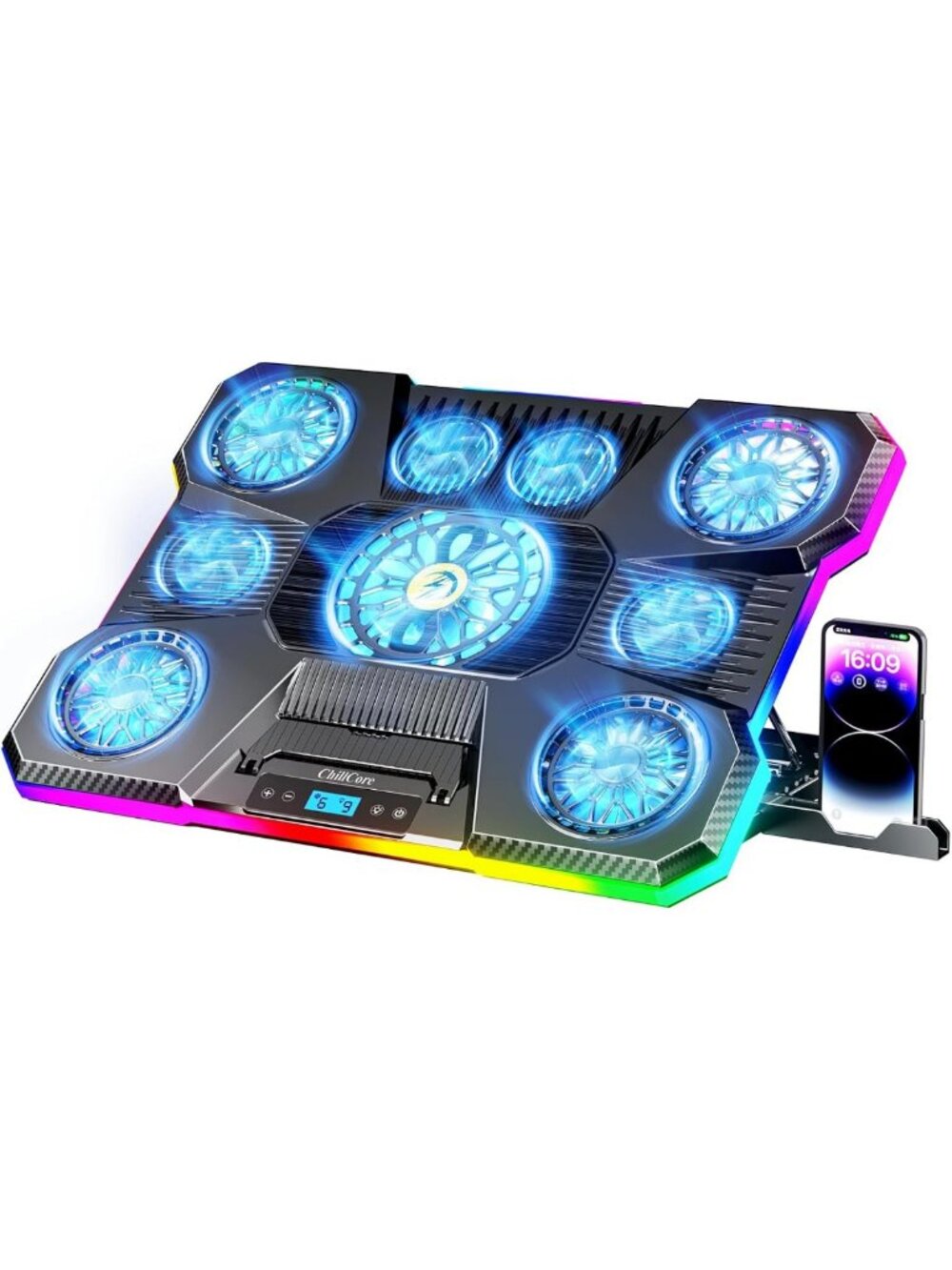 RGB Laptop Cooling Pad with 9 Fans, 8 Adjustable Heights & 2 USB Ports for